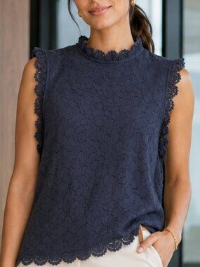 Everleigh Navy Blue Lace Sleeveless Mock Neck Top Size Small